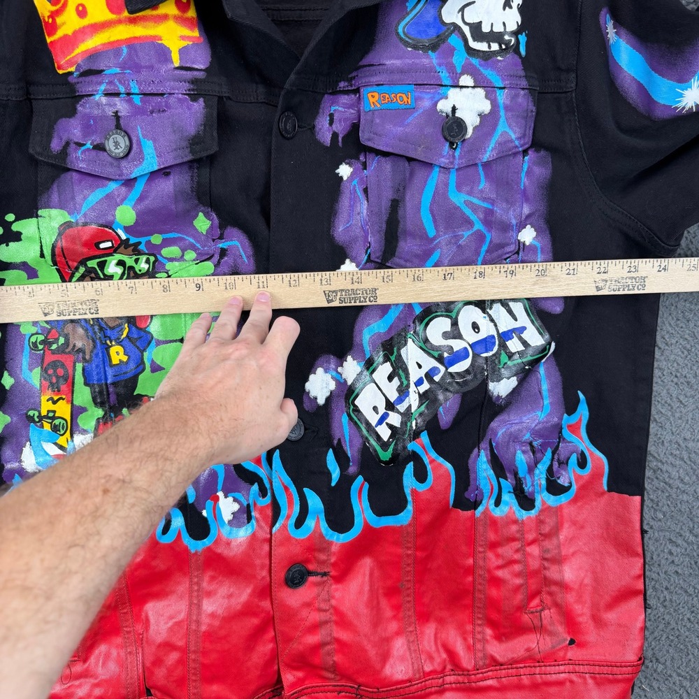 Reason Mens Graffiti Graphic Denim Jacket Black Red Blue XL Streetwear Skull - Picture 3 of 8